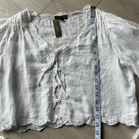 J Crew Scallop Trim Tie Front Top In Ramie Small Cropped Sheer White Flaw - Picture 5 of 14